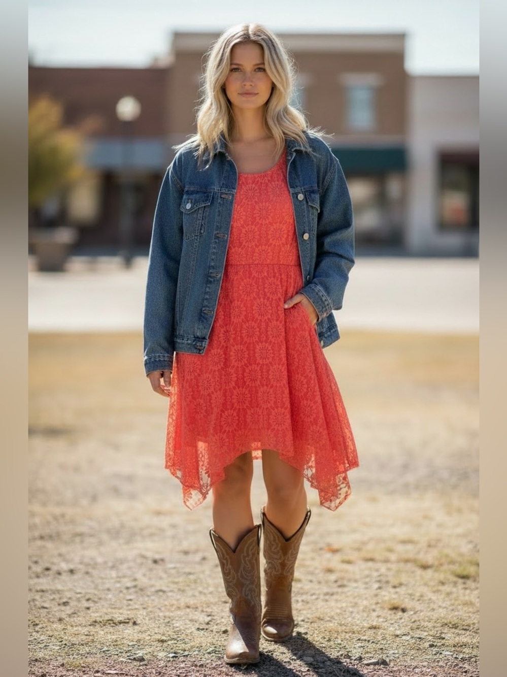Lace Handkerchief Hem Dress - Coral